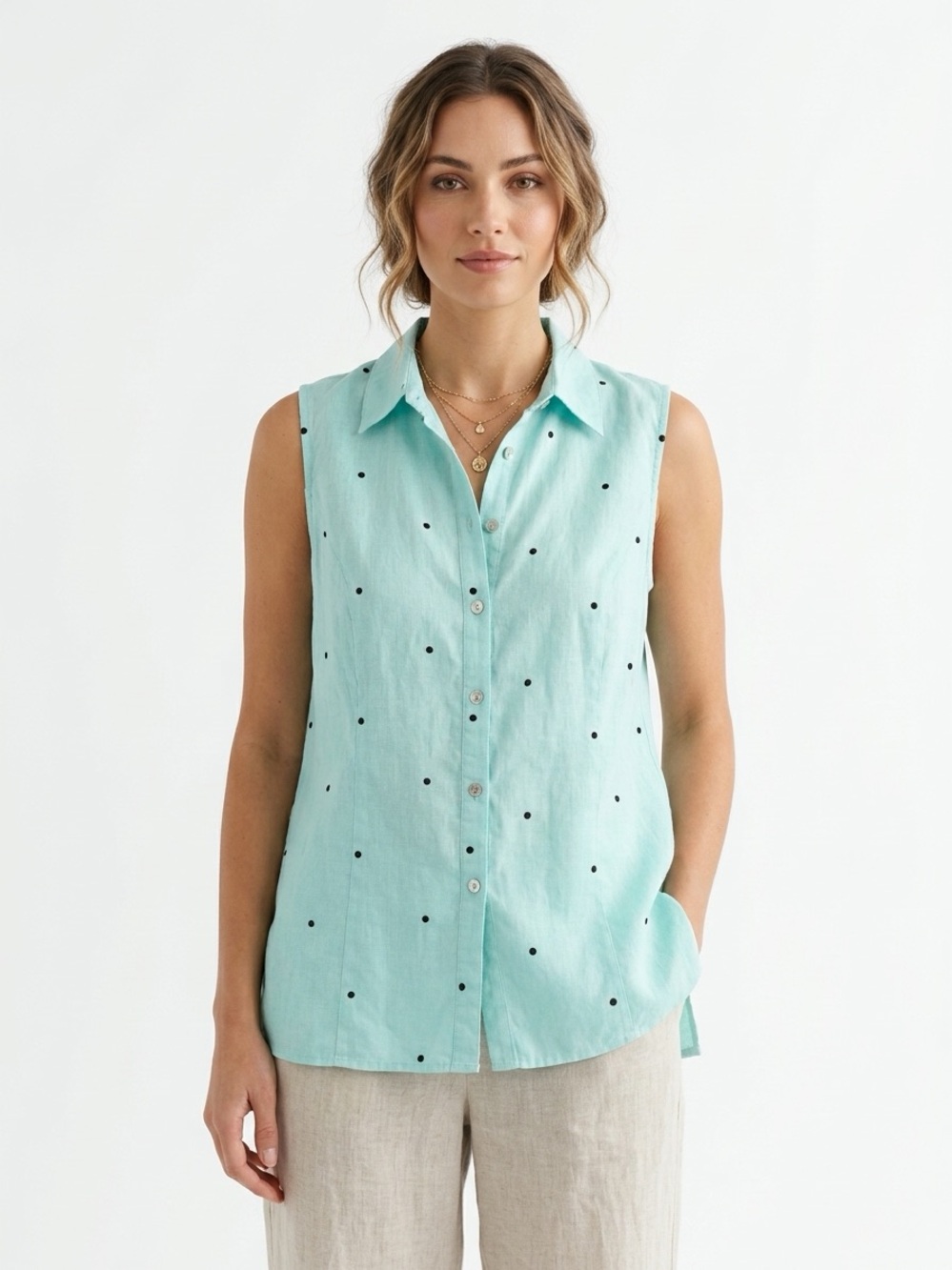 Richard Malcolm Sleeveless Linen Blouse Polka Dot Button Down Mint Green 3X